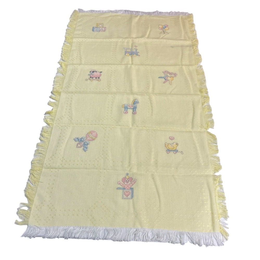 Vintage Woven Baby Blanket Yellow Textured Embroidered Toys Rattle Fringe Trim